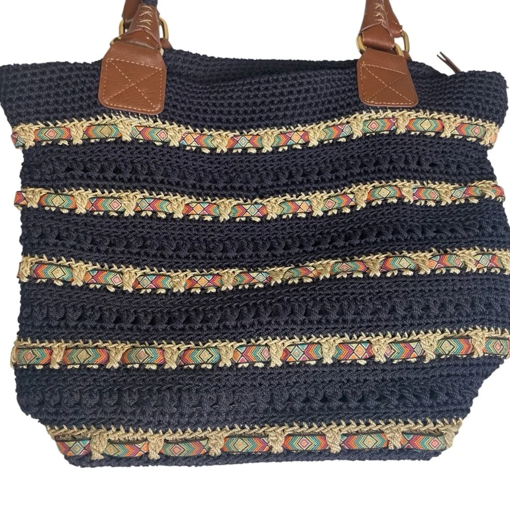 The Sak Cambria Crocheted Large Double Strap Zip‎ Top Tote Navy Woven Ribbon EUC
